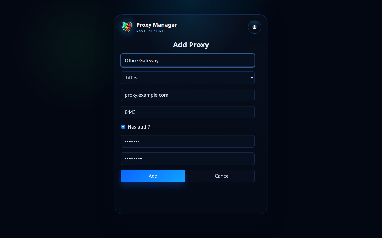 Proxy Manager pridėti įgaliotojo serverio formą