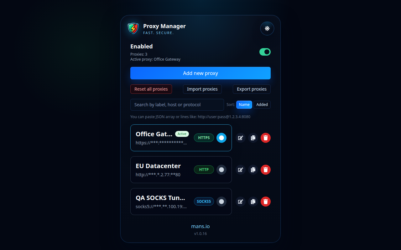 Proxy Manager profilių sąrašas